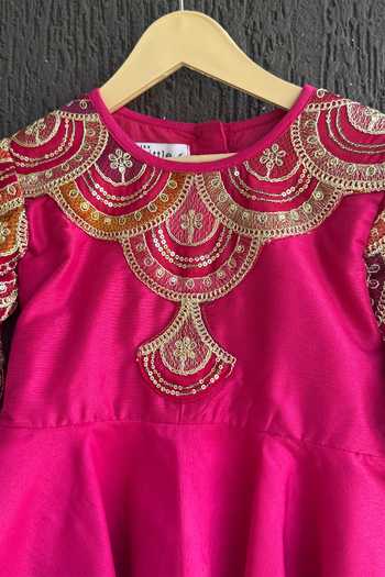 Shop_The Little Tales_Magenta Silk, Cotton Embroidered Peplum Top And Lehenga Set _Online_at_Aza_Fashions