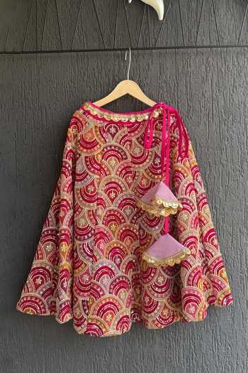 The Little Tales_Magenta Silk, Cotton Embroidered Peplum Top And Lehenga Set _at_Aza_Fashions
