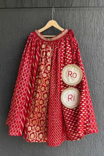 The Little Tales_Red Silk, Cotton Floral Woven Lehenga Set _Online_at_Aza_Fashions