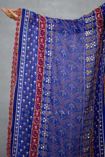 Shop_Torani_Blue Silk, Organza Round Neck, Yes Niladri Atasi Printed Sharara Set 