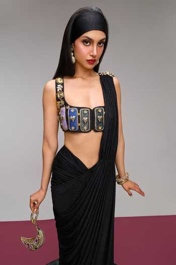 Buy_Papa Dont Preach_Black Silk, Lycra Square Neck Midnight Candy Pre-draped Skirt Saree With Blouse _Online_at_Aza_Fashions