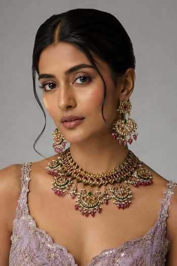 Buy_Vivinia By Vidhi Mehra_Gold Plated Jaipuri Kundan Embellished Necklace Set _at_Aza_Fashions