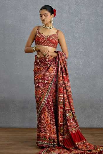 Torani_Red Silk Sweetheart Neck Chitrita Jinal Mirali Blouse _Online_at_Aza_Fashions