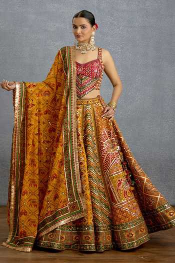 Buy_Torani_Yellow Silk, Organza Sequins Sweetheart Neck Kanak Meher Corset Lehenga Set 