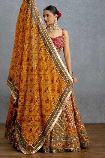 Shop_Torani_Yellow Silk, Organza Sequins Sweetheart Neck Kanak Meher Corset Lehenga Set 