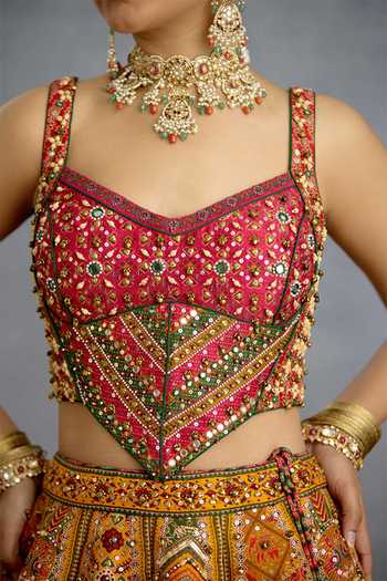 Torani_Yellow Silk, Organza Sequins Sweetheart Neck Kanak Meher Corset Lehenga Set _Online