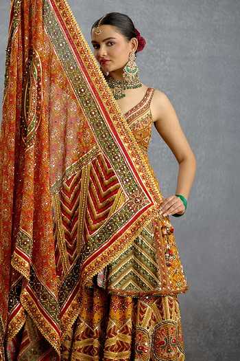 Shop_Torani_Multi Color Silk, Organza V-neck Kanak Patola Kali Kurta Sharara Set 