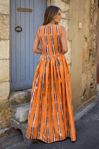 Shop_Arje India_Orange Linen Boat Neck Printed Straight Dress _at_Aza_Fashions