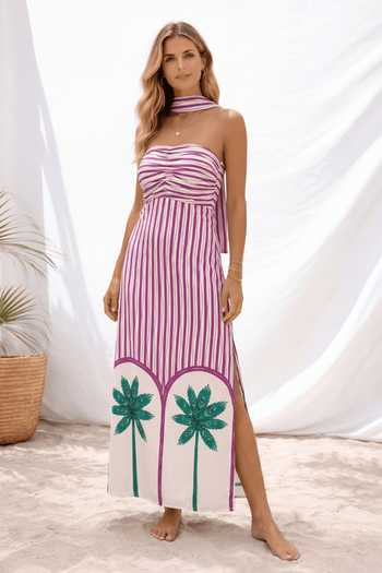 Buy_Arje India_Multi Color Satin Bandeau Neck Linear Print Side Slit Tube Dress With Stole _at_Aza_Fashions