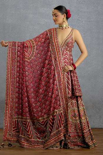 Shop_Torani_Maroon Silk, Organza V-neck, Yes Rangila Patola Kali Kurta Sharara Set 
