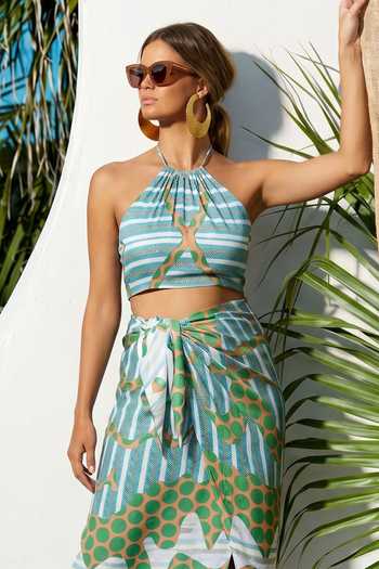 Arje India_Multi Color Satin Halter Neck Polka Dot Print Bustier And Draped Skirt Set _Online_at_Aza_Fashions