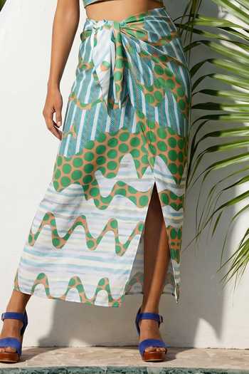 Buy_Arje India_Multi Color Satin Halter Neck Polka Dot Print Bustier And Draped Skirt Set _Online_at_Aza_Fashions
