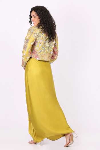Shop_Soniya G_Yellow Satin, Modal Collared, Sweetheart Neck Embroidered Jacket Skirt Set _at_Aza_Fashions