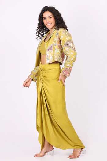 Buy_Soniya G_Yellow Satin, Modal Collared, Sweetheart Neck Embroidered Jacket Skirt Set _Online_at_Aza_Fashions