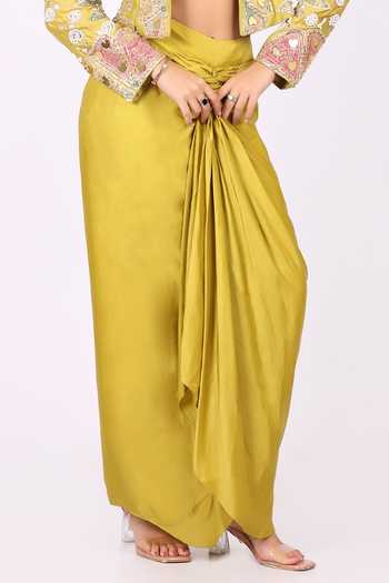 Soniya G_Yellow Satin, Modal Collared, Sweetheart Neck Embroidered Jacket Skirt Set _at_Aza_Fashions