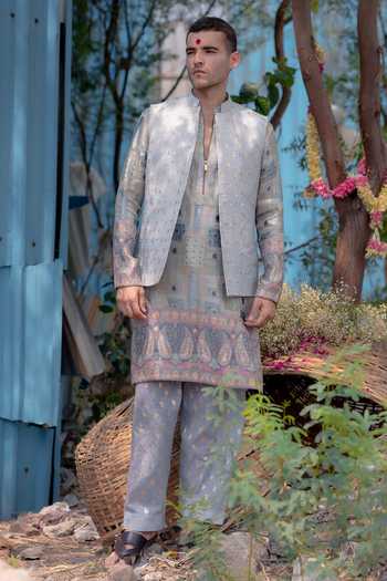 Buy_Soniya G_Silver Silk Banarsi Woven Nehru Jacket 