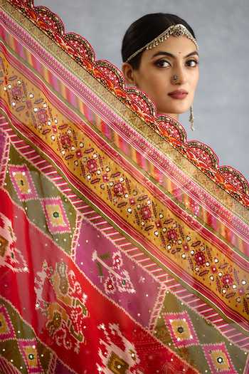 Shop_Torani_Multi Color Silk, Organza Sweetheart Neck Rangili Dhruvi Patola Lehenga Set 
