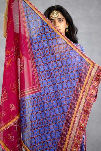 Shop_Torani_Blue Silk, Organza, Muslin V-neck, Yes Niladri Darsha Printed Kurta Set 