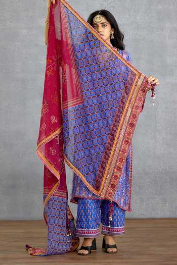 Torani_Blue Silk, Organza, Muslin V-neck, Yes Niladri Darsha Printed Kurta Set _Online