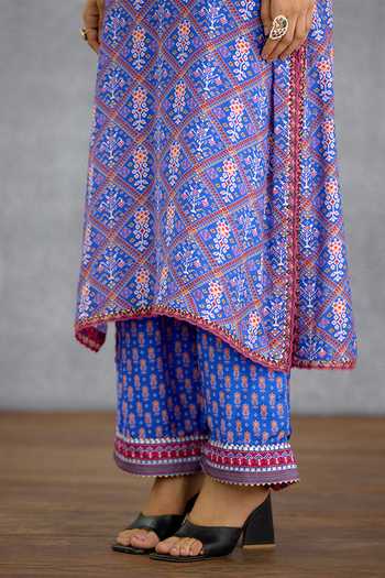 Shop_Torani_Blue Silk, Organza, Muslin V-neck, Yes Niladri Darsha Printed Kurta Set _Online