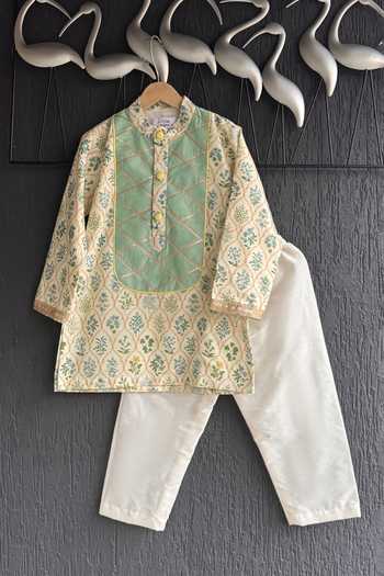 Buy_The little tales_Off White Silk, Cotton Leaf Print Kurta And Pyjama Set _at_Aza_Fashions