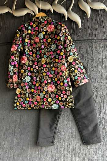Shop_The little tales_Black Silk, Cotton, Georgette Embroidery Bandhgala Set _at_Aza_Fashions