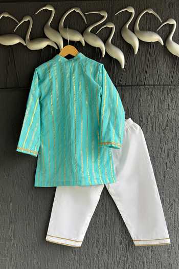 Shop_The little tales_Blue Silk, Cotton Anchor Thread Embroidered Kurta Set _at_Aza_Fashions