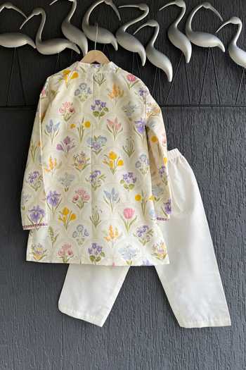 Shop_The little tales_Off White Silk, Cotton Floral Hand Painted Kurta Set _at_Aza_Fashions