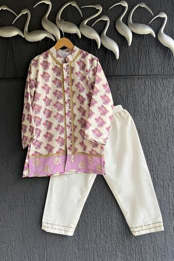 Buy_The little tales_Off White Silk, Cotton Ganpati Print Kurta Set _at_Aza_Fashions