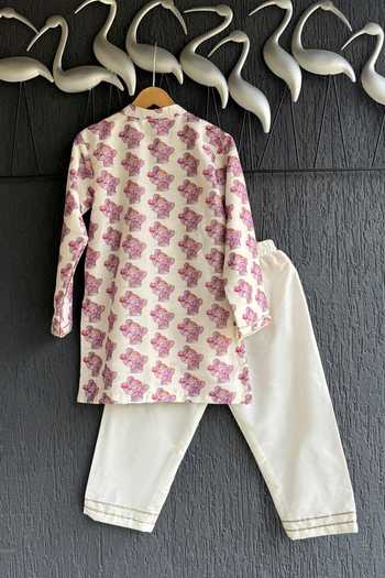 Shop_The little tales_Off White Silk, Cotton Ganpati Print Kurta Set _at_Aza_Fashions