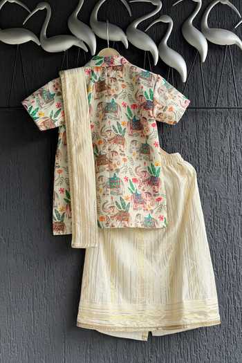 Shop_The little tales_Multi Color Silk, Cotton Elephant Print Shirt And Lungi Set _at_Aza_Fashions