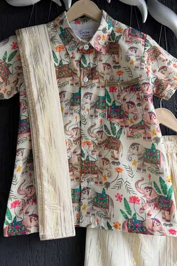 Buy_The little tales_Multi Color Silk, Cotton Elephant Print Shirt And Lungi Set _at_Aza_Fashions