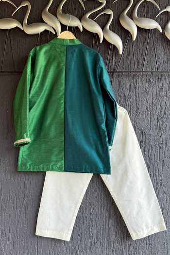 Shop_The little tales_Green Silk, Cotton Colorblock Printed Kurta Set _at_Aza_Fashions