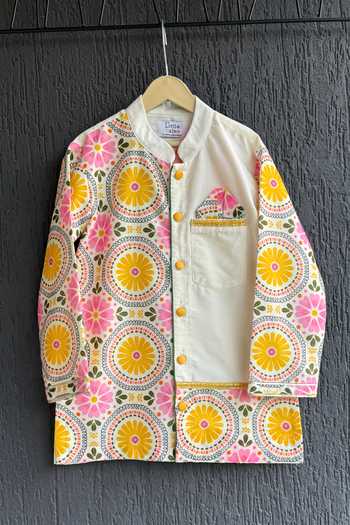 Shop_The little tales_Off White Silk, Cotton Sunflower Print Kurta Set _at_Aza_Fashions
