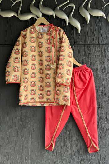 Shop_The little tales_Pink Silk, Cotton Ganpati Print Kurta And Dhoti Pant Set _at_Aza_Fashions