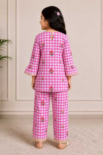 Shop_Fairies Forever_Pink Organza Printed Boho Style Kurta And Pant Set _at_Aza_Fashions