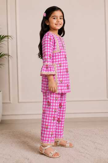 Fairies Forever_Pink Organza Printed Boho Style Kurta And Pant Set _Online_at_Aza_Fashions