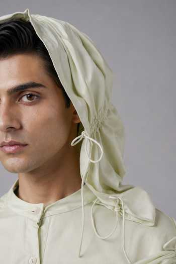 Saim_Green Cotton Gathered Hoodie Kurta Set _Online_at_Aza_Fashions
