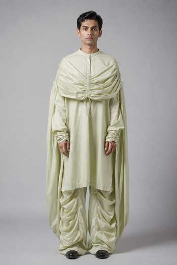 Buy_Saim_Green Cotton Gathered Hoodie Kurta Set _at_Aza_Fashions