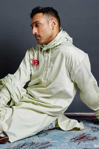 Shop_Saim_Green Cotton Gathered Hoodie Kurta Set _Online_at_Aza_Fashions