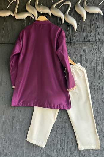 Shop_The little tales_Purple Silk, Cotton Embroidered Kurta Set _at_Aza_Fashions