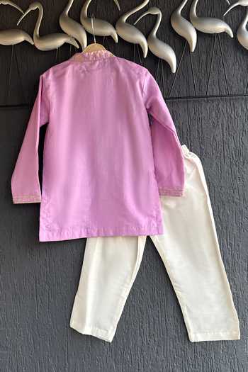 Shop_The little tales_Purple Silk, Cotton Floral Woven Kurta Set _at_Aza_Fashions