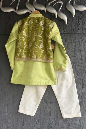 Shop_The little tales_Green Silk, Cotton Zari Panelled Kurta Set _at_Aza_Fashions