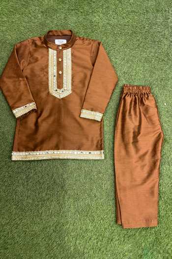 Buy_The little tales_Brown Silk, Cotton Embroidered Kurta Set _at_Aza_Fashions