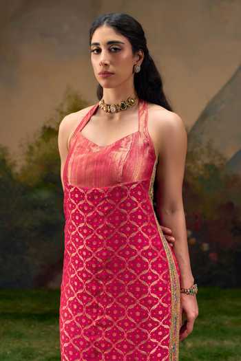 Muskann Kapadiaa_Pink Brocade Halter Neck Sakhi Maxi Dress _Online_at_Aza_Fashions