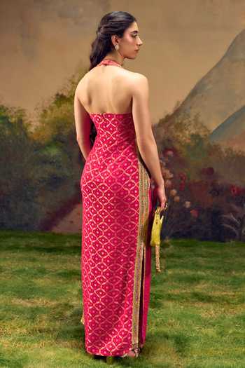 Shop_Muskann Kapadiaa_Pink Brocade Halter Neck Sakhi Maxi Dress _at_Aza_Fashions