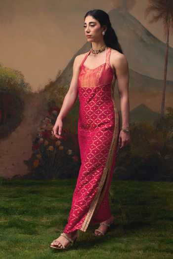 Buy_Muskann Kapadiaa_Pink Brocade Halter Neck Sakhi Maxi Dress _Online_at_Aza_Fashions
