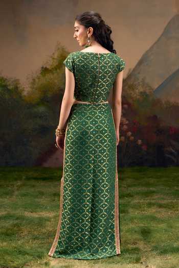 Shop_Muskann Kapadiaa_Olive Green Boat Neck Rajeshwari Bandhani Woven Top And Skirt Set _at_Aza_Fashions