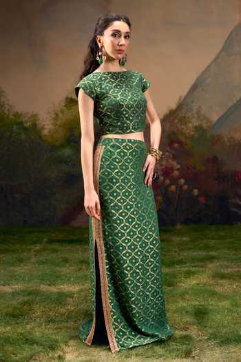 Shop_Muskann Kapadiaa_Olive Green Boat Neck Rajeshwari Bandhani Woven Top And Skirt Set _Online_at_Aza_Fashions