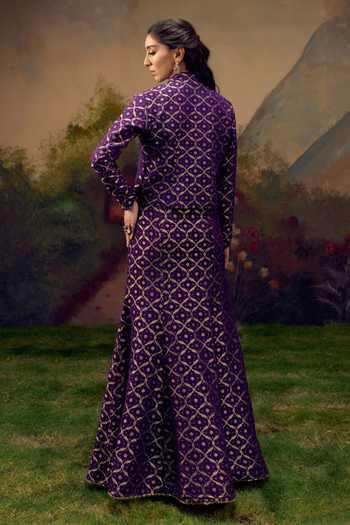 Shop_Muskann Kapadiaa_Purple Mandarin Collar, V-neck Aanya Bandhani Woven Jacket Lehenga Set _at_Aza_Fashions